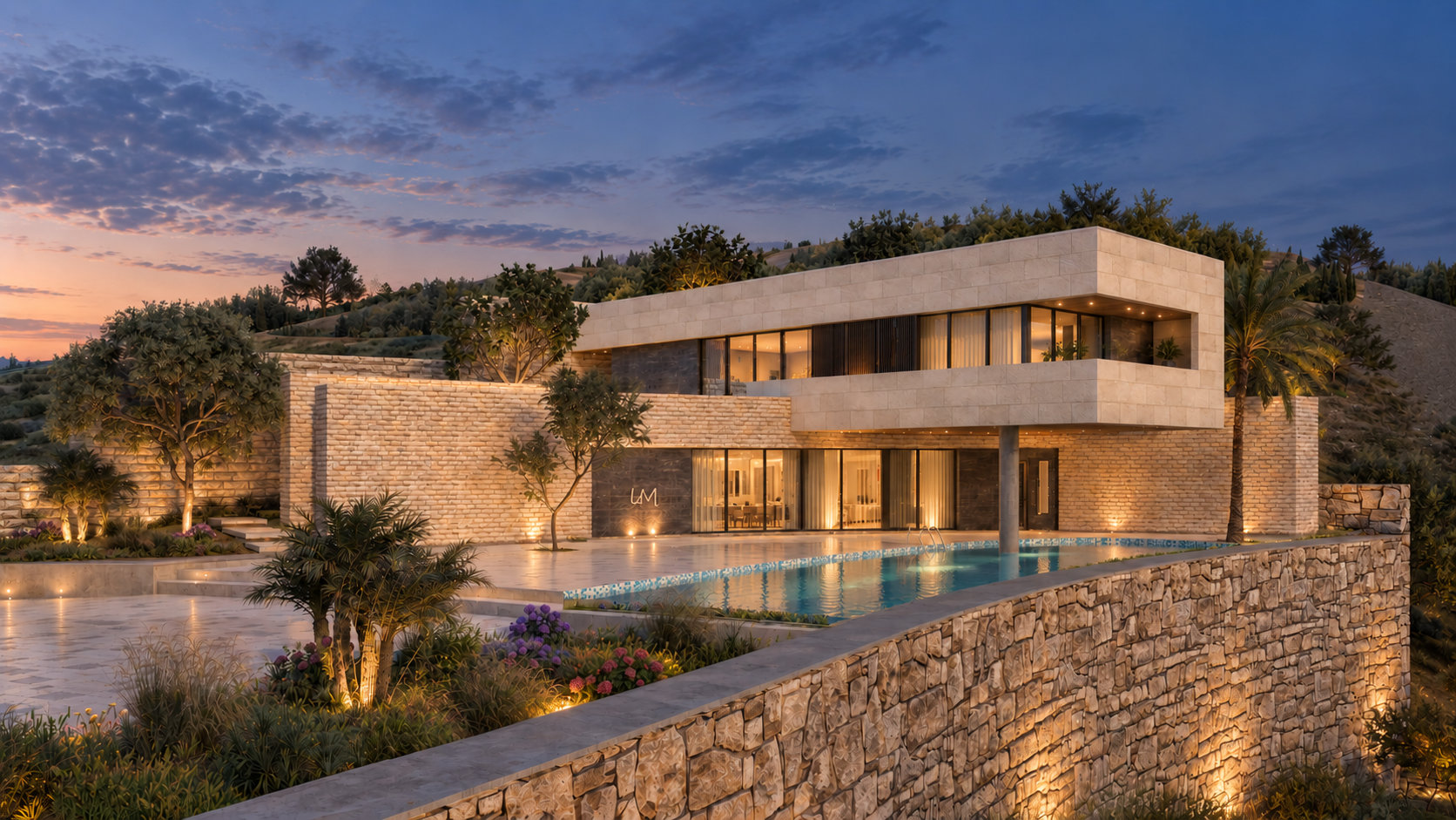 LA Chalet exterior at blue hour