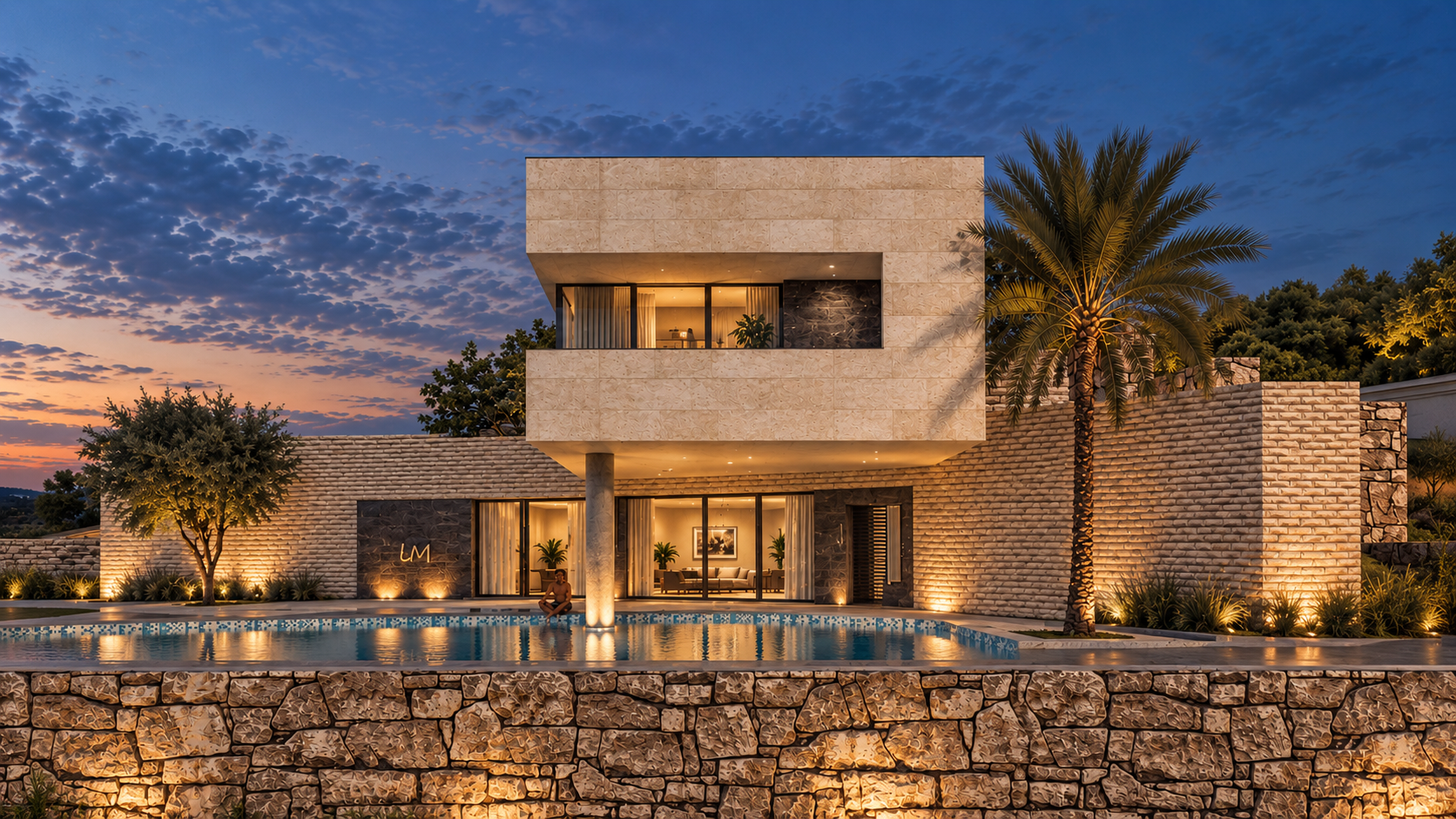 LA Chalet front facade at blue hour